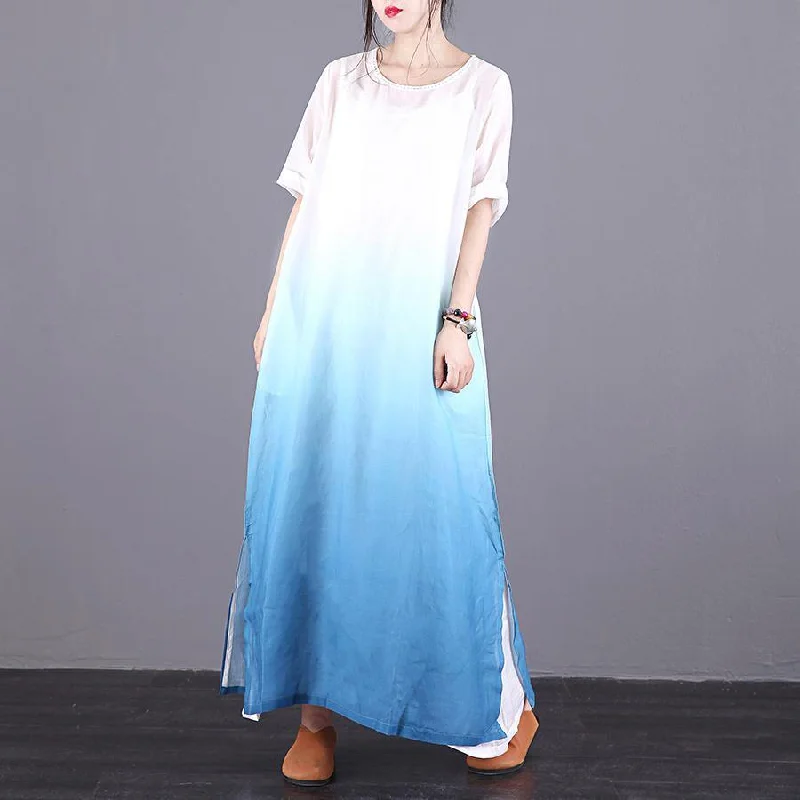 DIY o neck side open linen clothes For Women Catwalk blue Dresses summer