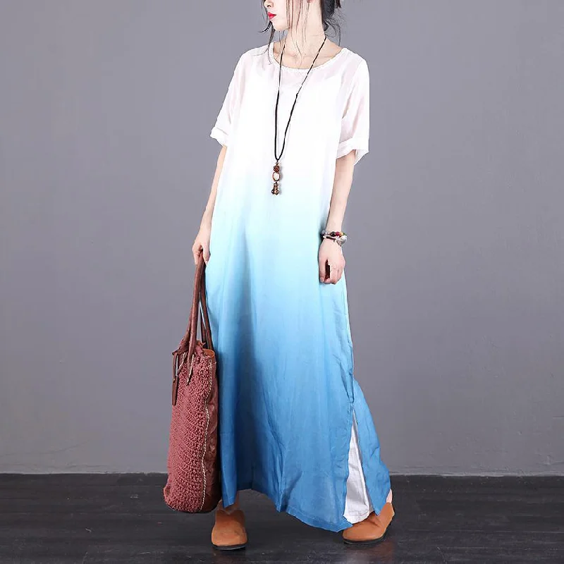 DIY o neck side open linen clothes For Women Catwalk blue Dresses summer