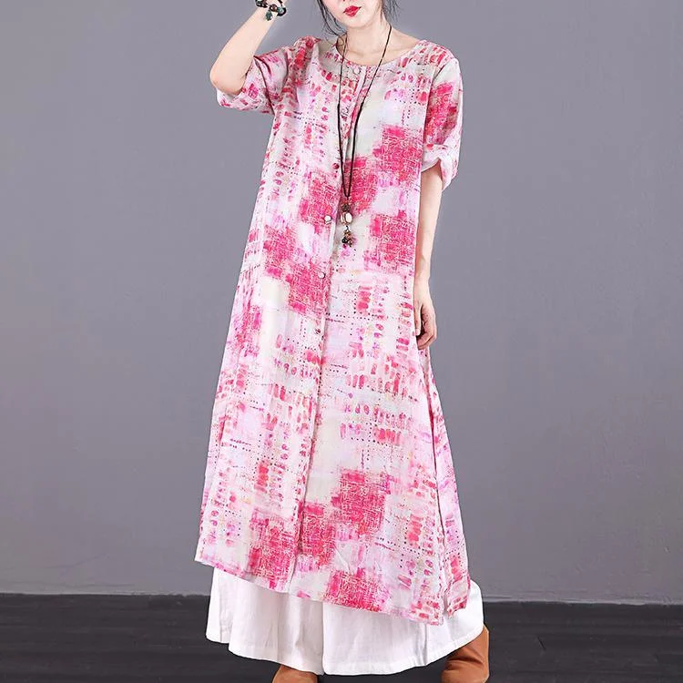 DIY red print linen clothes For Women o neck Button Down long summer Dresses