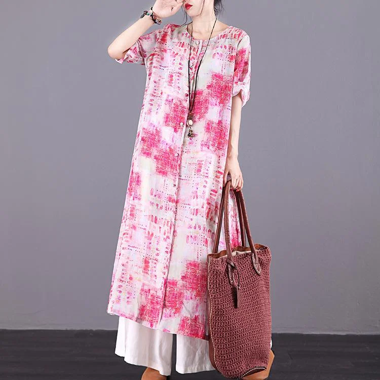 DIY red print linen clothes For Women o neck Button Down long summer Dresses