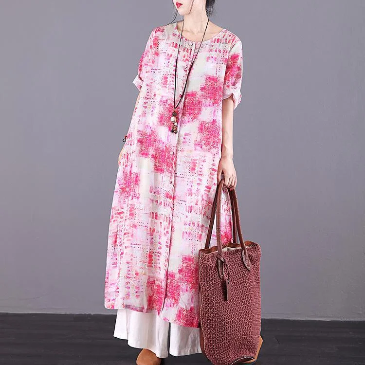 DIY red print linen clothes For Women o neck Button Down long summer Dresses