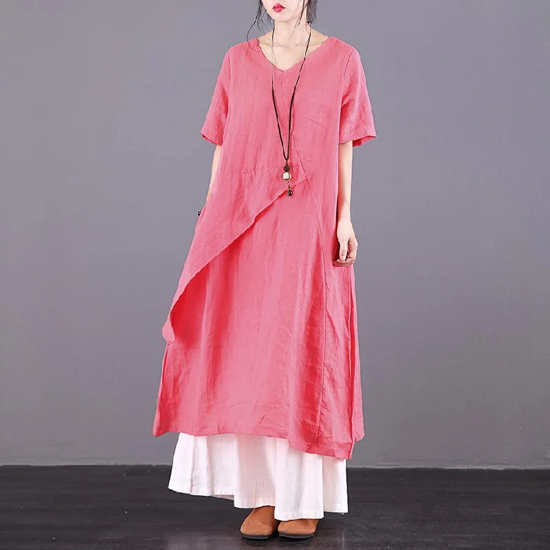 DIY v neck asymmetric linen Robes pattern pink Dresses summer