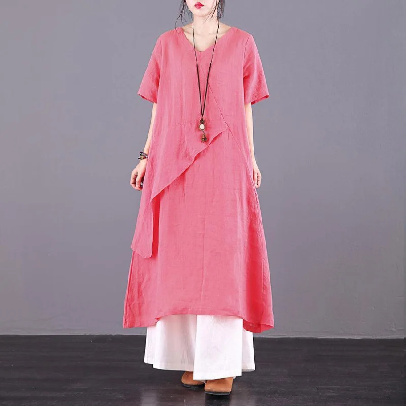 DIY v neck asymmetric linen Robes pattern pink Dresses summer