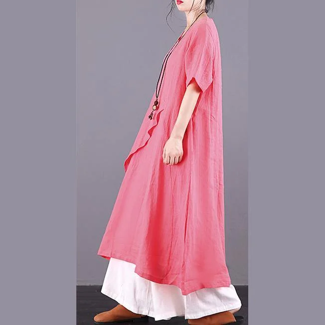 DIY v neck asymmetric linen Robes pattern pink Dresses summer