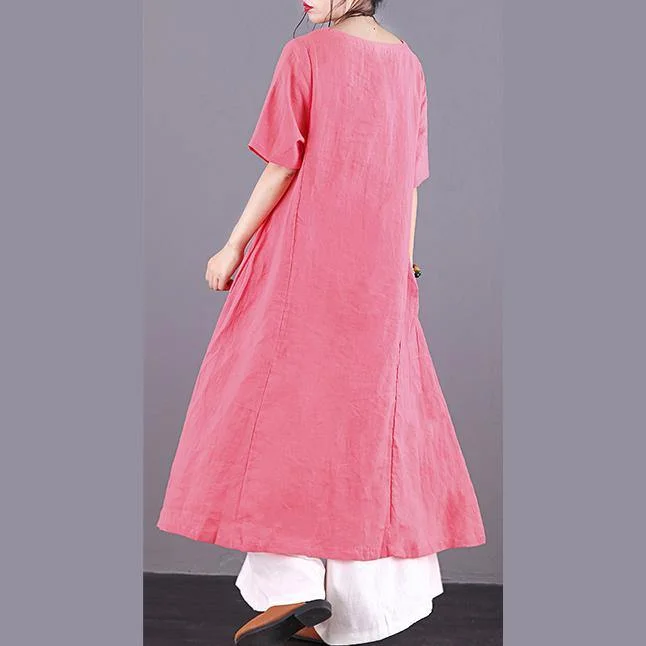 DIY v neck asymmetric linen Robes pattern pink Dresses summer