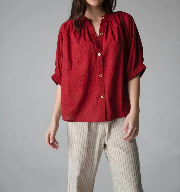 Elastic Sleeve Top In Burgundy Swiss Dot