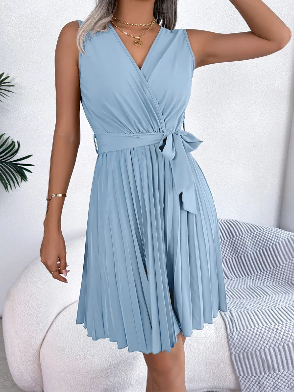 Elegant Cross V-Neck Sleeveless Pleated Waist Mini Dress