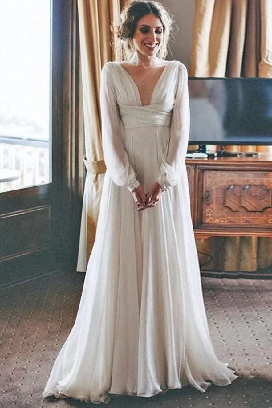 Elegant Chiffon Beach Wedding Dresses with Long Sleeves