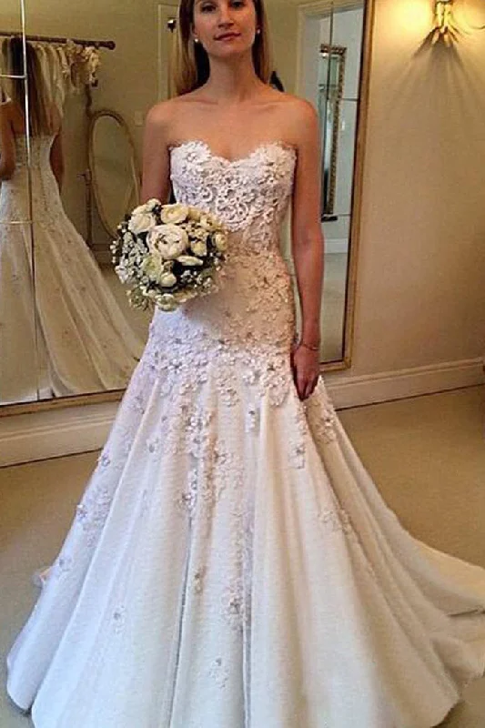 Elegant Sweetheart Wedding Dresses with Lace Appliques Strapless Bridal Dresses N2082