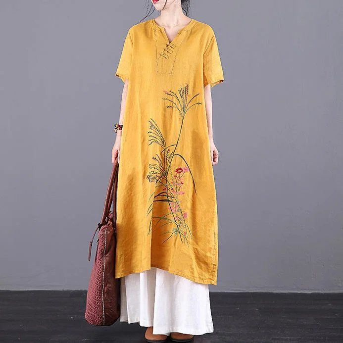 French yellow embroidery linen dresses v neck pockets Traveling summer Dress