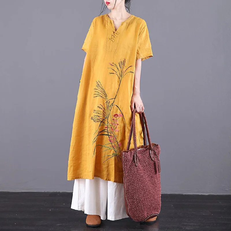 French yellow embroidery linen dresses v neck pockets Traveling summer Dress