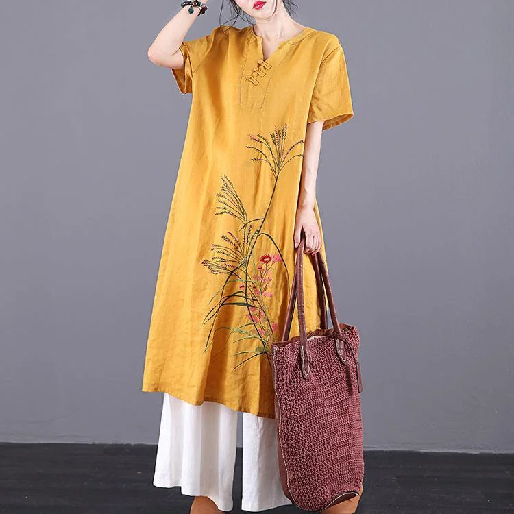 French yellow embroidery linen dresses v neck pockets Traveling summer Dress