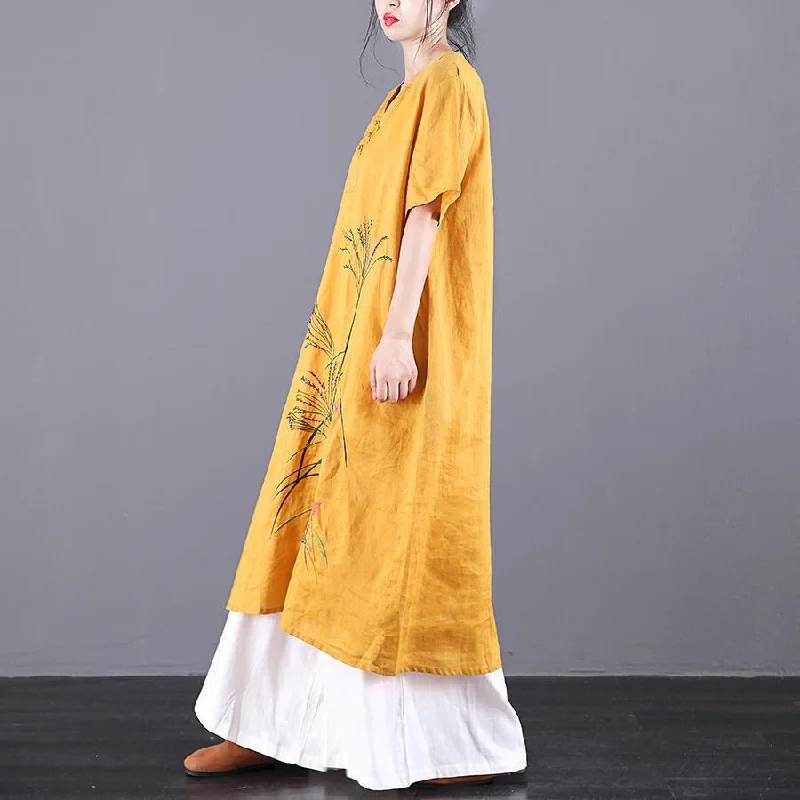 French yellow embroidery linen dresses v neck pockets Traveling summer Dress