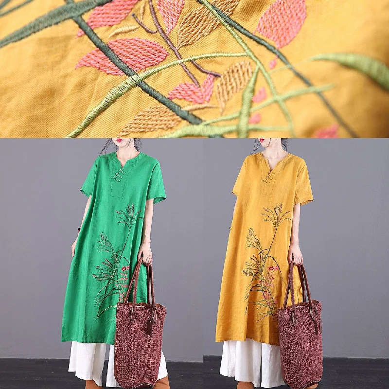 French yellow embroidery linen dresses v neck pockets Traveling summer Dress