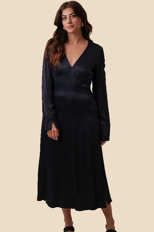 FRNCH Lisna Navy Sheen Long Sleeve Midi Dress