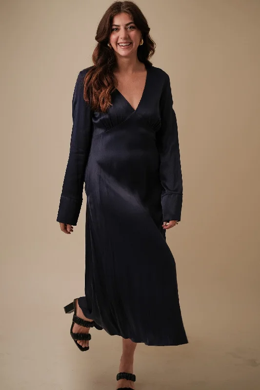 FRNCH Lisna Navy Sheen Long Sleeve Midi Dress