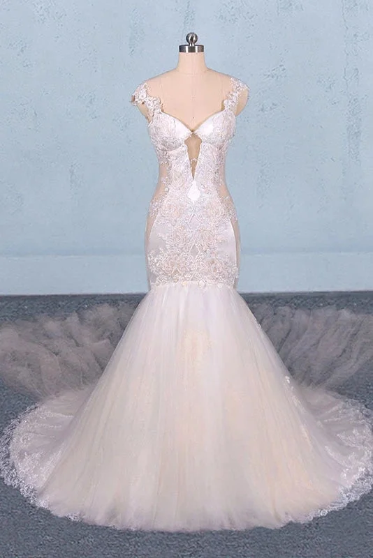 Gorgeous Mermaid Tulle Wedding Dresses Chapel Train Long Bridal Gown N2303