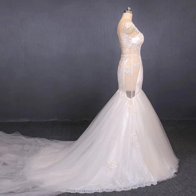 Gorgeous Mermaid Tulle Wedding Dresses Chapel Train Long Bridal Gown N2303