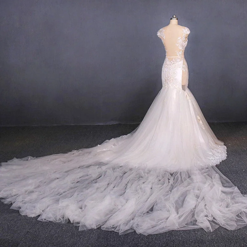 Gorgeous Mermaid Tulle Wedding Dresses Chapel Train Long Bridal Gown N2303