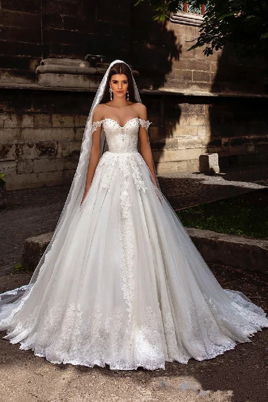 Gorgeous Off Shoulder Sweep Train Lace Up Back Tulle Wedding Dresses with Appliques N2376