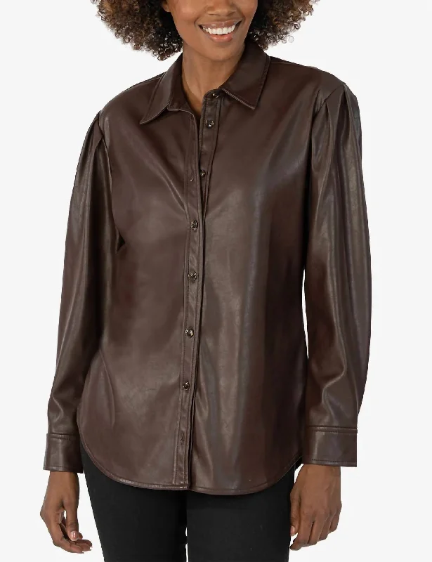 Henrietta Pleather Button Down Top In Chocolate