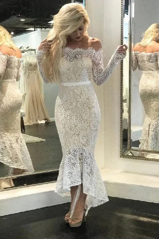 High Low Long Sleeves Mermaid Lace Wedding Dresses Off the Shoulder Lace Bridal Dresses N2257