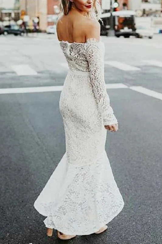 High Low Long Sleeves Mermaid Lace Wedding Dresses Off the Shoulder Lace Bridal Dresses N2257