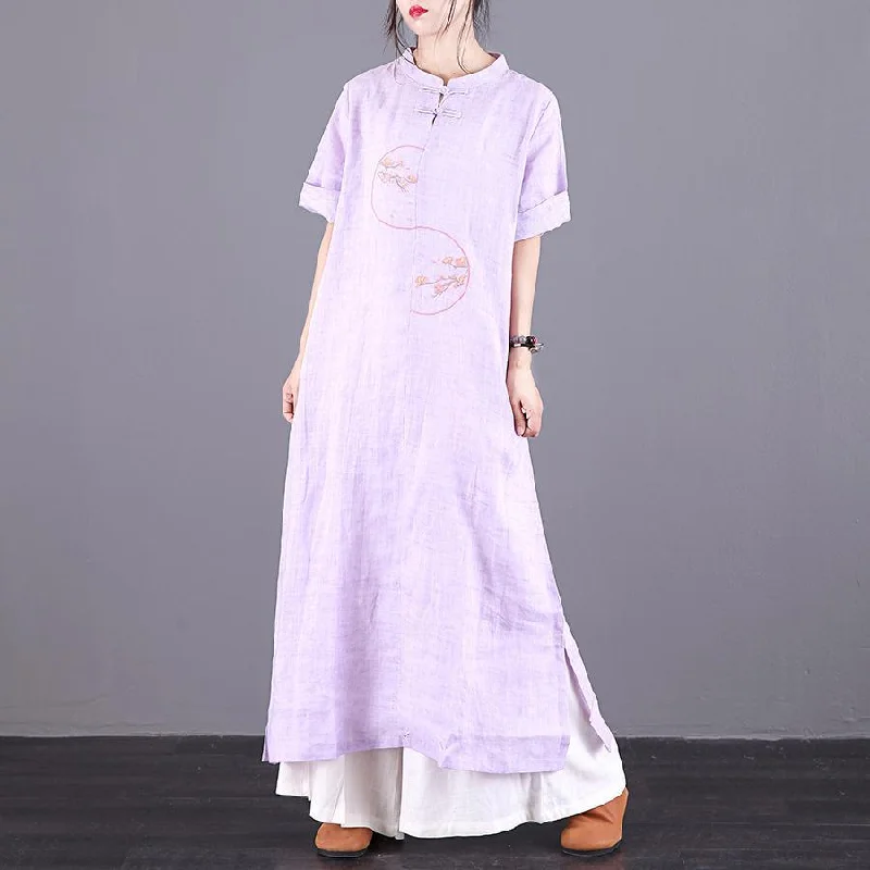 Italian embroidery Chinese Button linen Robes design light purple Dress summer