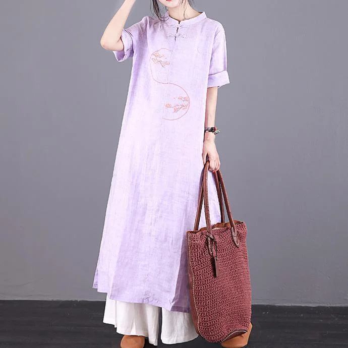 Italian embroidery Chinese Button linen Robes design light purple Dress summer