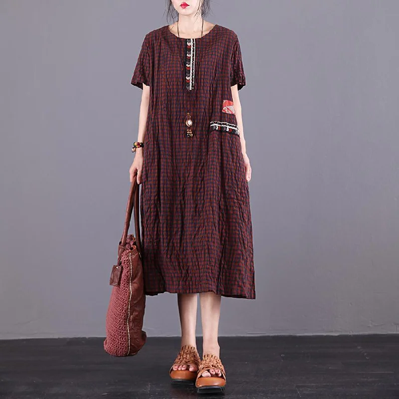 Italian o neck patchwork cotton dresses Photography red plaid Art Dresses summer