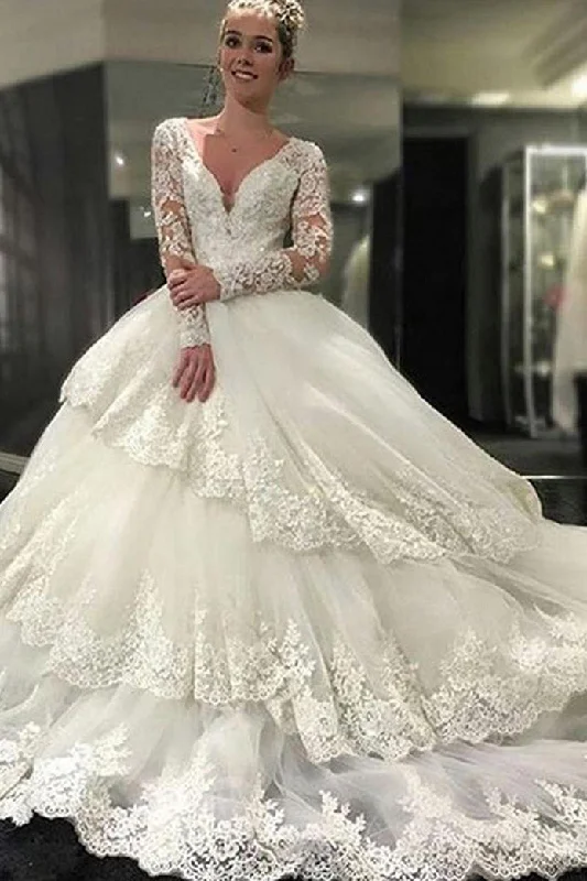 Ivory Deep V-Neck Long Sleeves Lace Appliques Chapel Train Tiered Wedding Dresses N2083