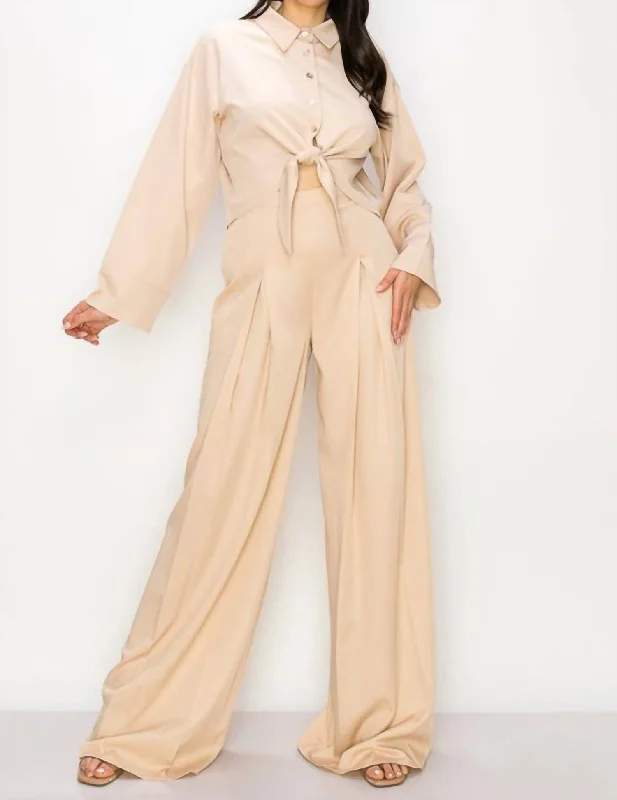 Long Sleeve Top And Pant Set In Beige