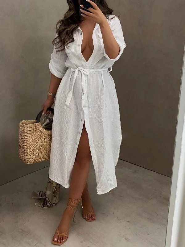 Loose Large Size Deep V Button Shirt Dress