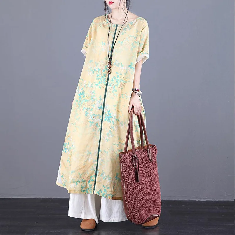 Loose o neck patchwork linen Wardrobes Online Shopping yellow print Dresses summer