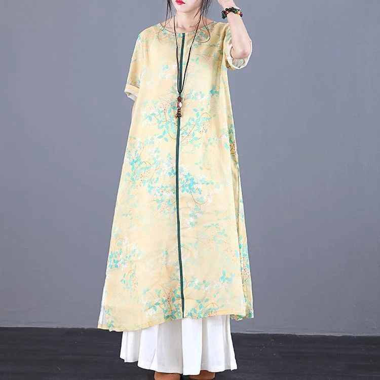 Loose o neck patchwork linen Wardrobes Online Shopping yellow print Dresses summer