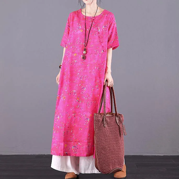 Loose o neck side open pockets linen clothes For Women Sewing red print Dresses summer