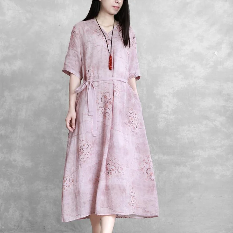 Loose tie waist linen Robes pattern pink Dress v neck