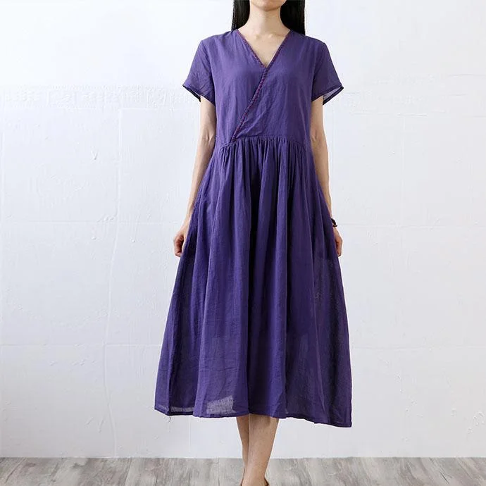 Loose v neck cotton clothes For Women Sewing purple short sleeve Traveling Dresses summer