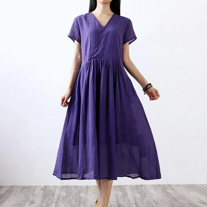 Loose v neck cotton clothes For Women Sewing purple short sleeve Traveling Dresses summer