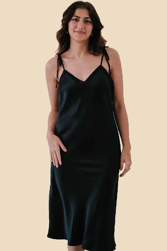 Lucy Paris Betty Black Satin Slip Midi Dress