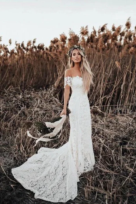 Mermaid Off the Shoulder Lace Beach Wedding Dresses Long Rustic Wedding Dresses N2253