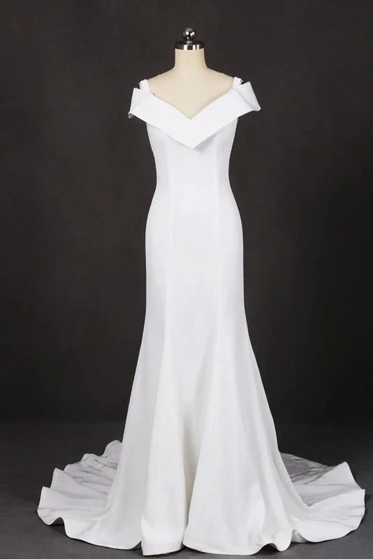 Mermaid V-Neck Off White Wedding Dresses Unique Long Bridal Dresses N2305