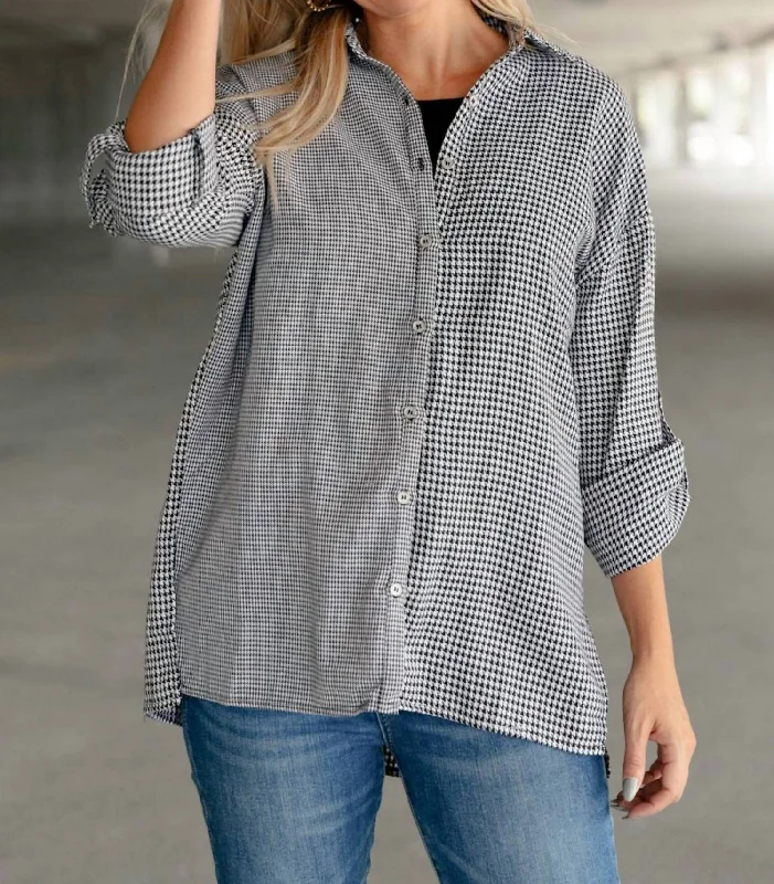 Mixed Houndstooth Button Up Top In Grey