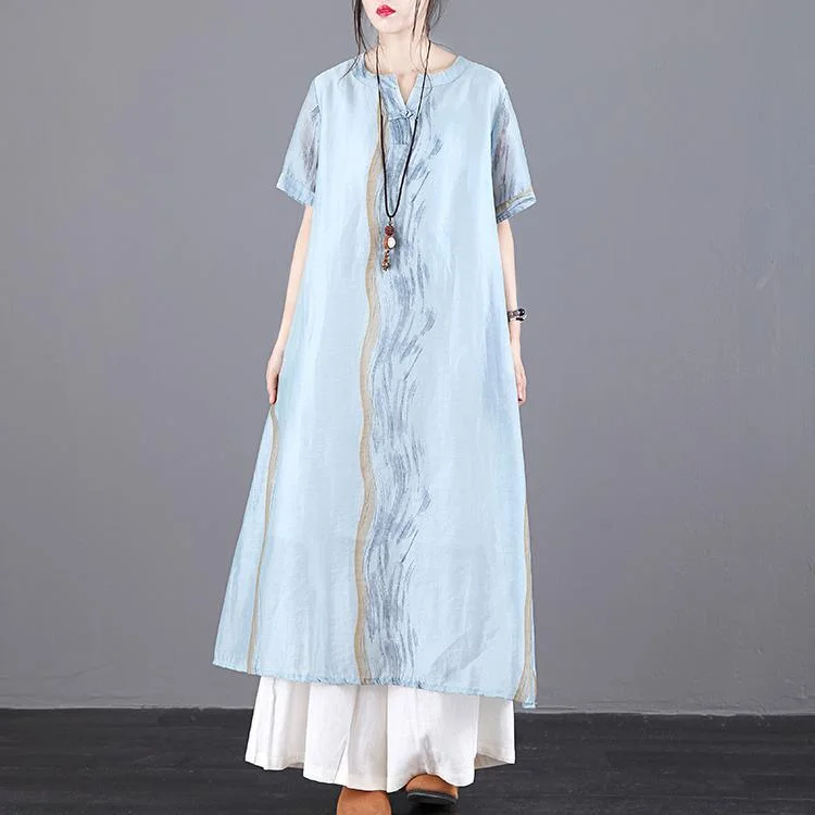 Modern blue print linen Robes o neck pockets summer Dress