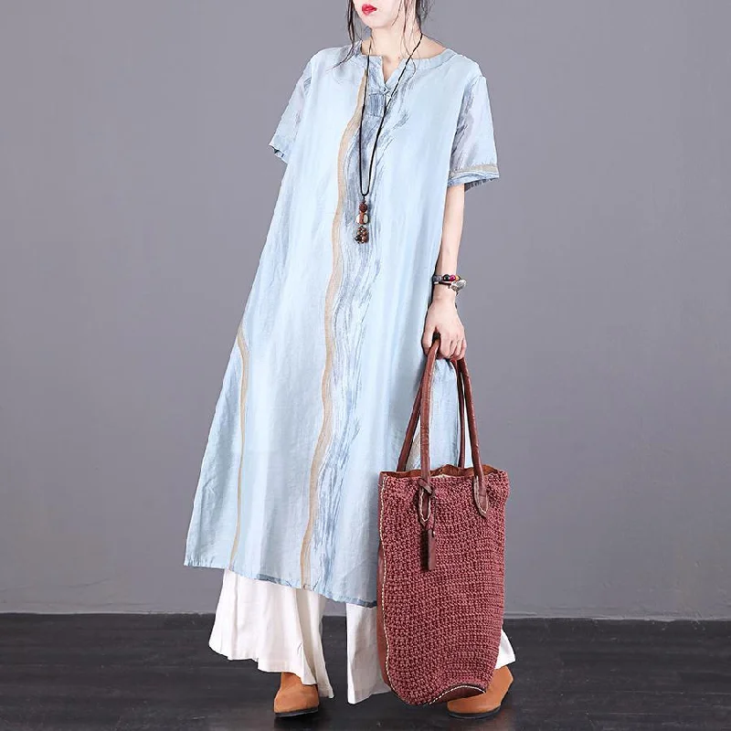 Modern blue print linen Robes o neck pockets summer Dress