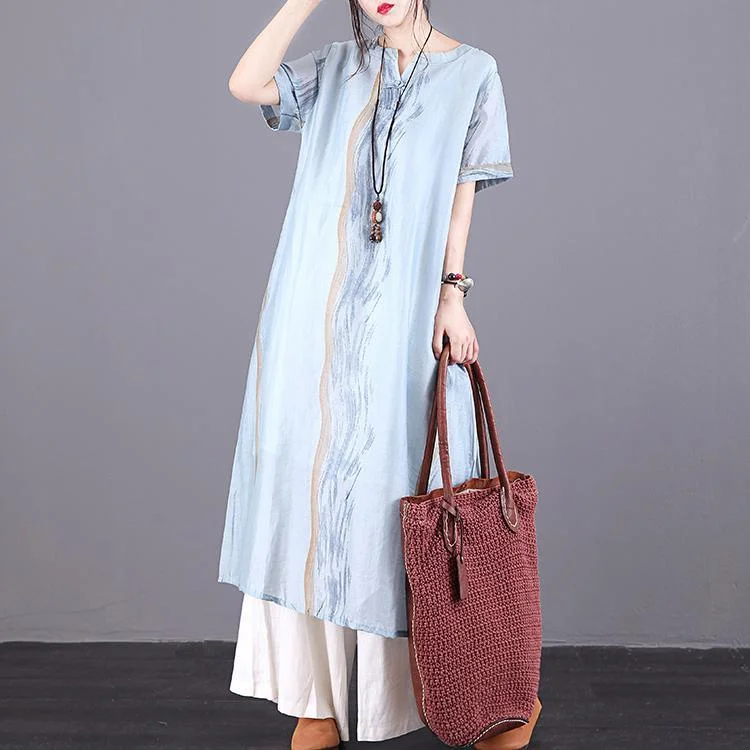 Modern blue print linen Robes o neck pockets summer Dress