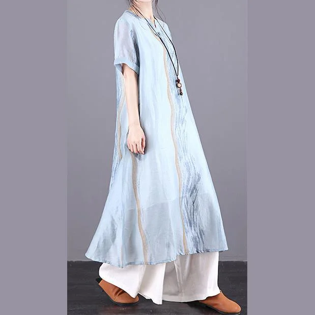 Modern blue print linen Robes o neck pockets summer Dress