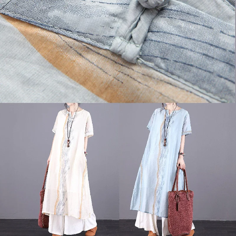 Modern blue print linen Robes o neck pockets summer Dress