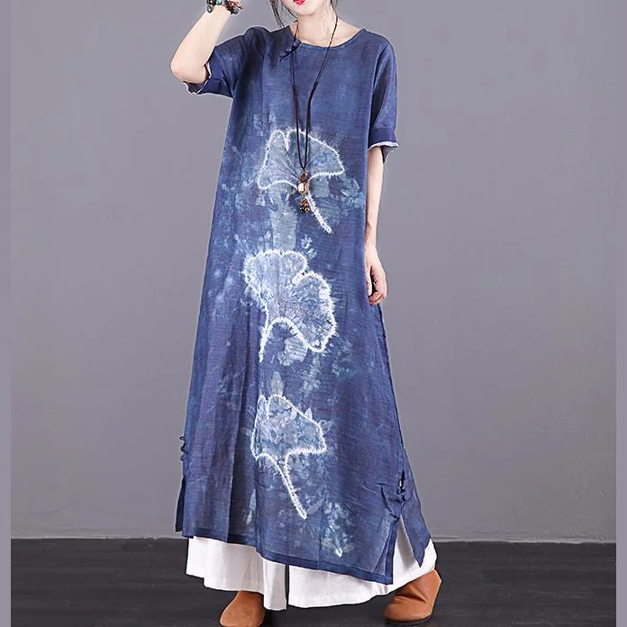 Modern navy print linen dresses Button Down pockets Plus Size summer Dress