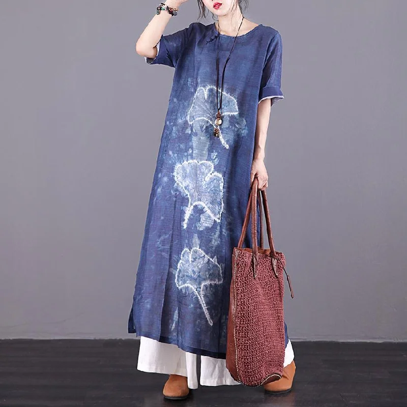 Modern navy print linen dresses Button Down pockets Plus Size summer Dress